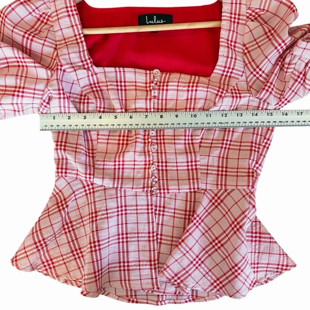 Lulus Red Plaid Peplum Top XS Cottagecore Puff Sleeve Milkmaid Coquette Blouse - Picture 11 of 11